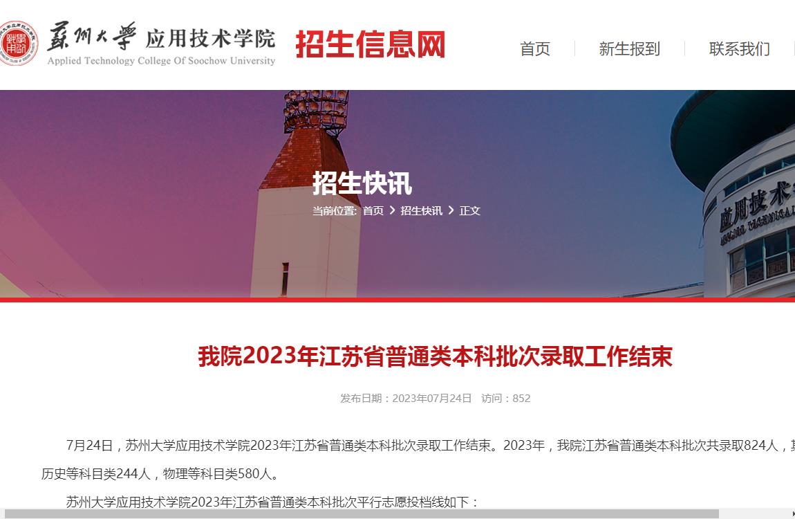 2023年苏州大学应用技术学院普通类录取分数线