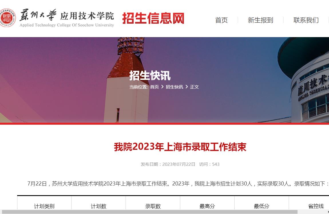 2023年苏州大学应用技术学院录取查询