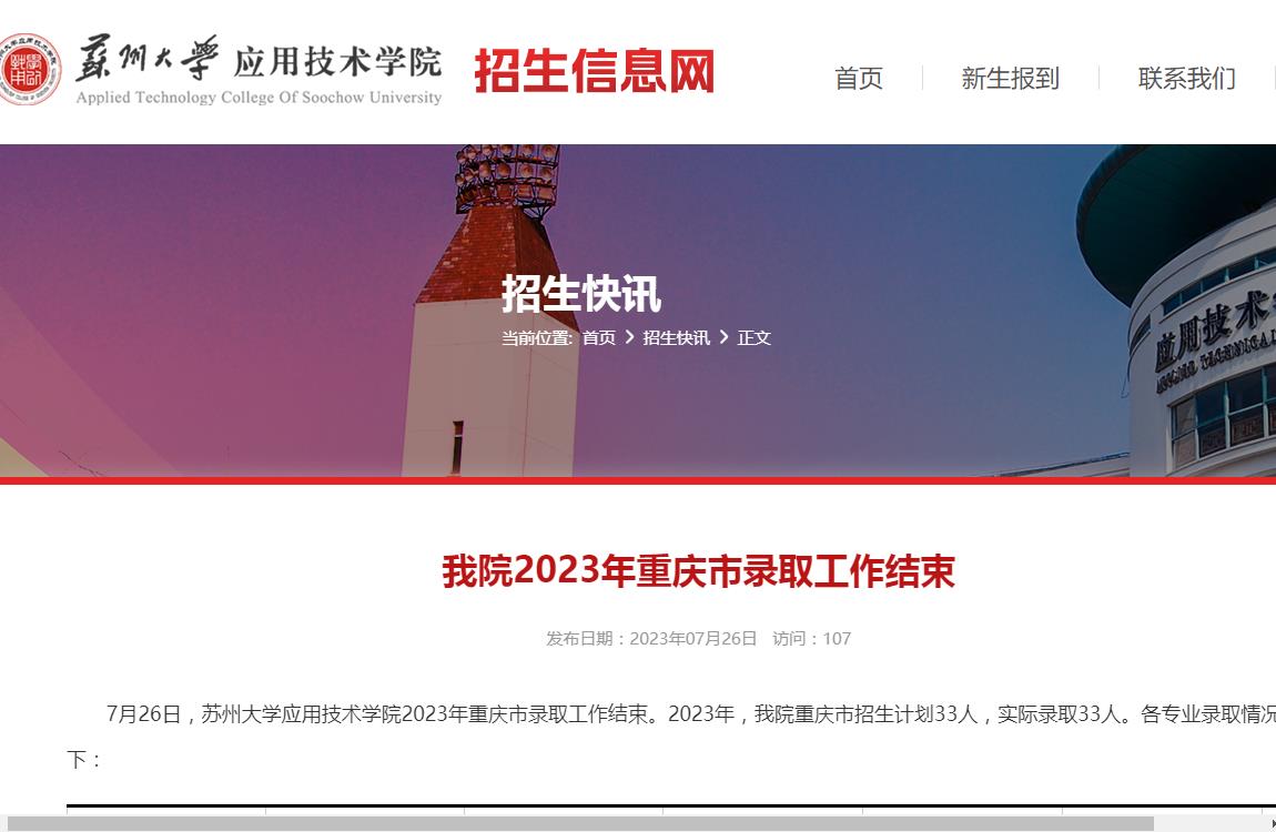 2023年苏州大学应用技术学院录取查询